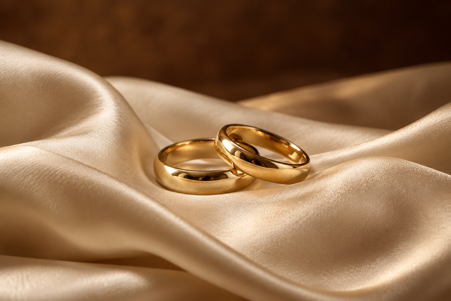Two gold wedding rings on ivory silk.
