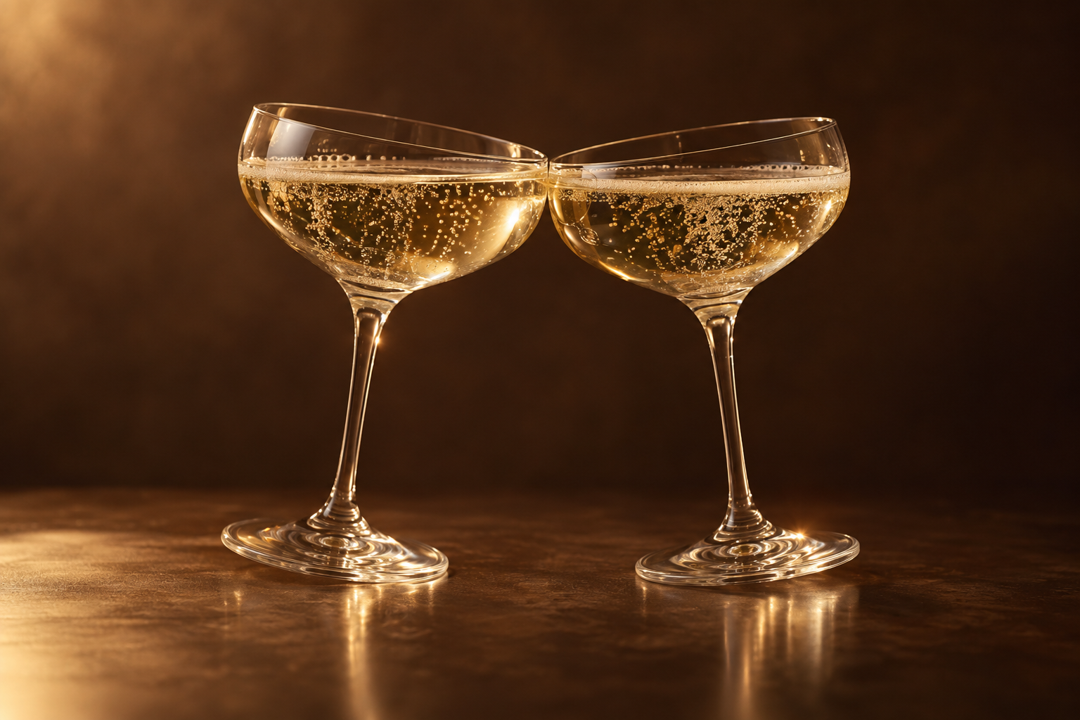 Champagne glasses meeting in a celebratory toast.