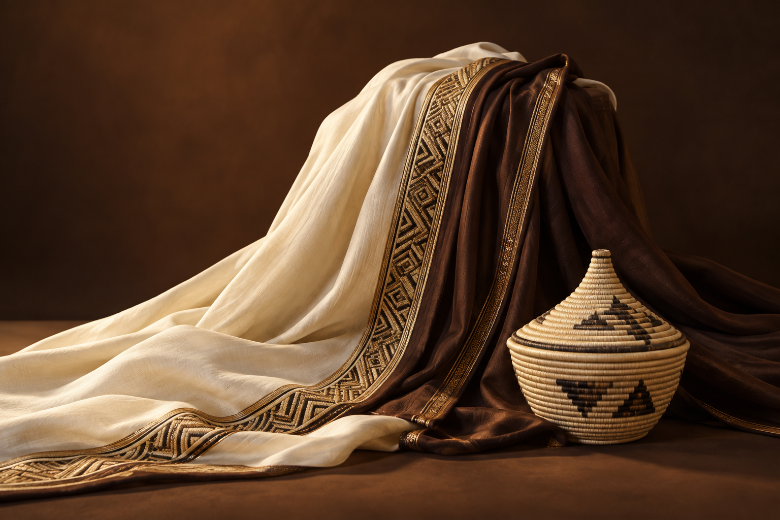 Elegant traditional attire in ivory and chocolate with a woven basket.